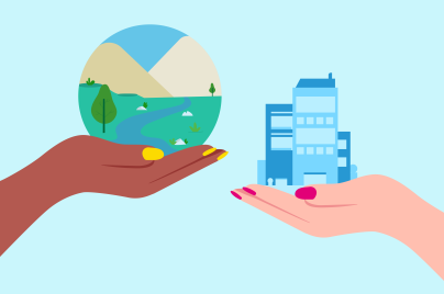 Illustration of one hand holding globe with scene of stream and mountains and a second hand holding a building representing ESG efforts at sustainability