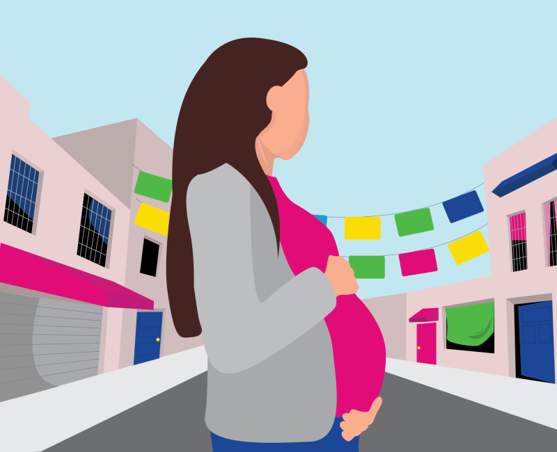 Illustration of pregnant woman in city street representing women's health