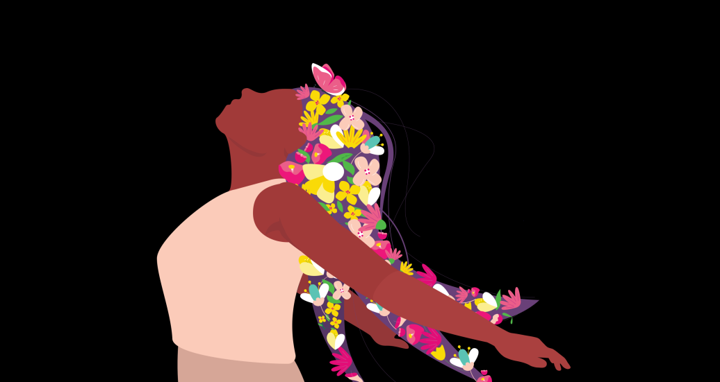 Illustration of woman with flowers in hair, head tilted back, in profile, against black background, representing the embodiment of Environmental, Social and Governance.