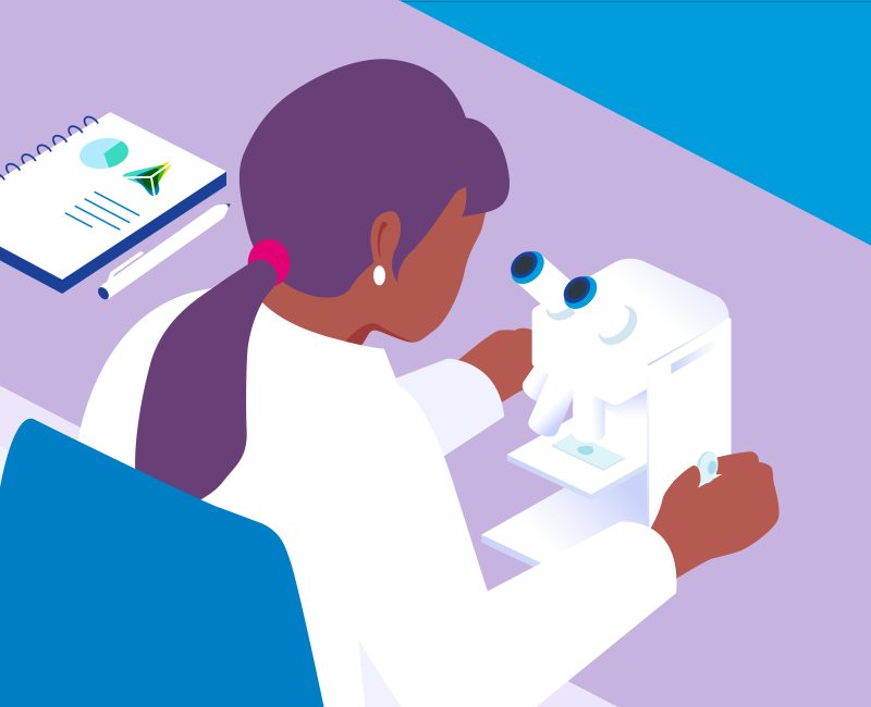 Illustration of woman scientist using microscope reflecting ESG investing in development