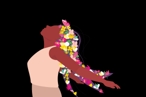 Illustration of woman with flowers in hair, head tilted back, in profile, against black background, representing the embodiment of Environmental, Social and Governance.