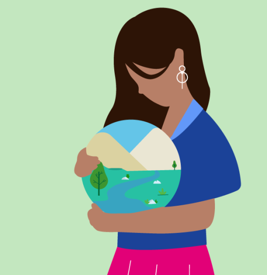 Illustration of woman cradling globe with scene of stream and mountains representing the environmental aspects of the ESG framework