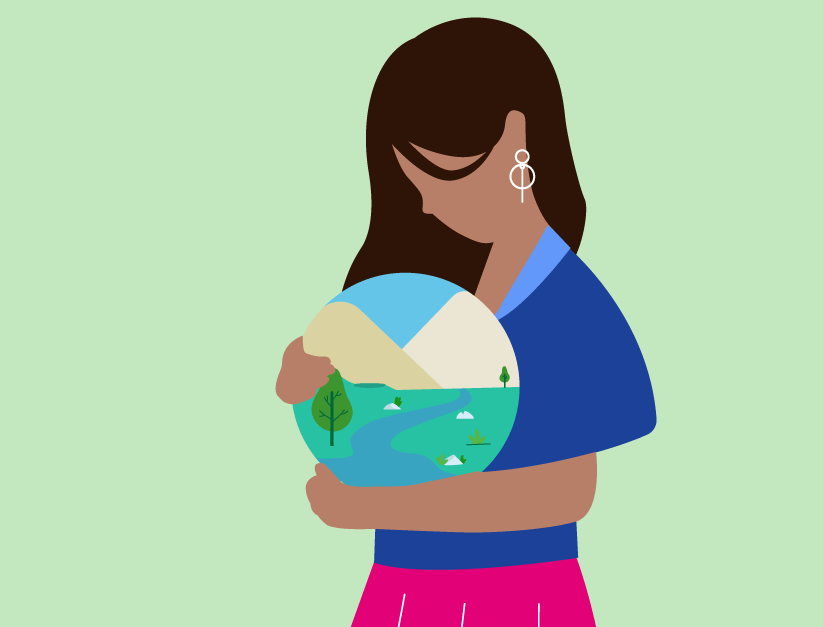 Illustration of woman cradling globe with scene of stream and mountains representing the environmental aspects of the ESG framework