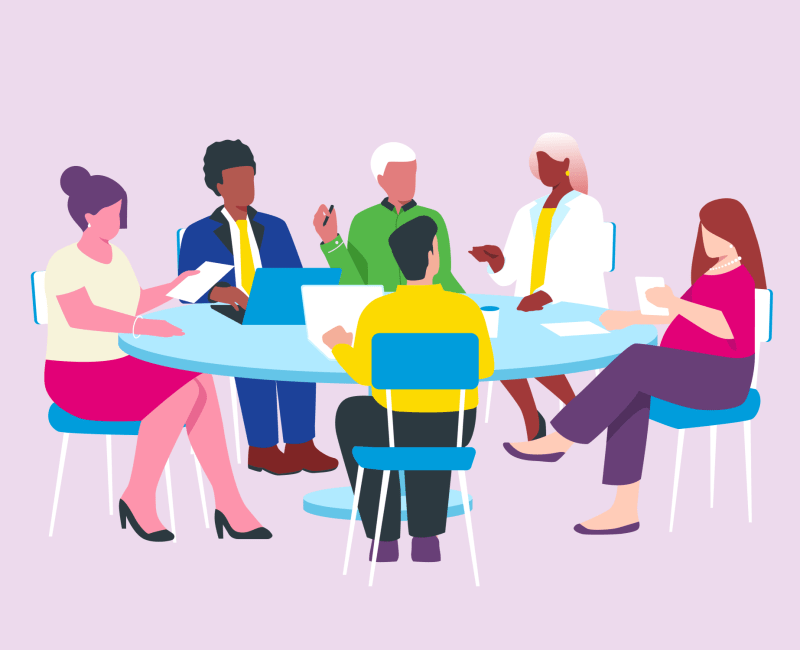 Illustration of diverse group of individuals at conference room table reviewing ESG strategy and policy