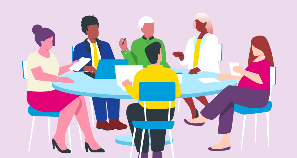 Illustration of diverse group of individuals at conference room table reviewing ESG strategy and policy