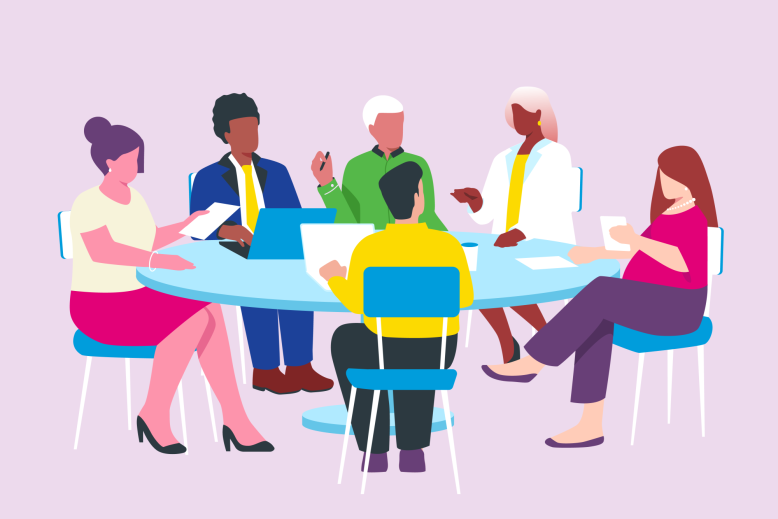 Illustration of diverse group of individuals at conference room table reviewing ESG strategy and policy