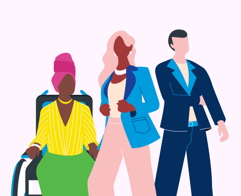 Illustration of woman in wheelchair, woman in business attire and man in business attire