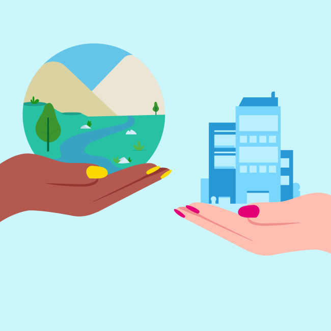 Illustration of one hand holding globe with scene of stream and mountains and a second hand holding a building representing ESG efforts at sustainability