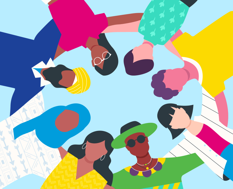 Illustration von acht Personen unterschiedlicher Ethnizität und unterschiedlichen Geschlechts, die miteinander einen Kreis bilden.
