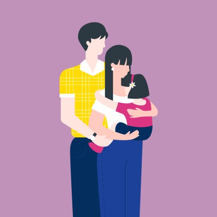 Organon Illustration eines Paares mit Kind, das sich umarmt