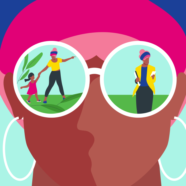 Organon Illustration einer Frau, in deren Sonnenbrille sich verschiedene Situationen aus ihrem Leben reflektieren: als Mutter und als Geschäftsfrau
