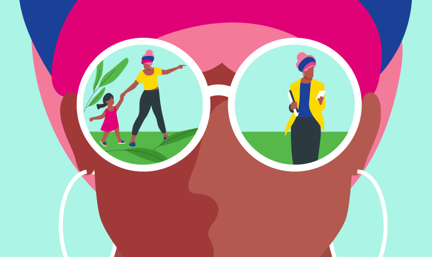 Organon Illustration einer Frau, in deren Sonnenbrille sich verschiedene Situationen aus ihrem Leben reflektieren: als Mutter und als Geschäftsfrau