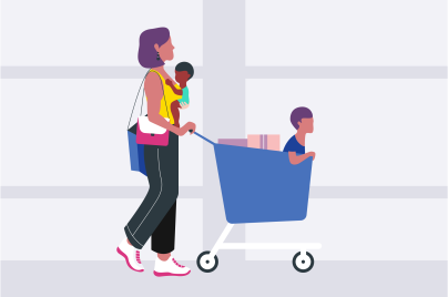Illustration einer Frau mit zwei Kindern beim Einkaufen.