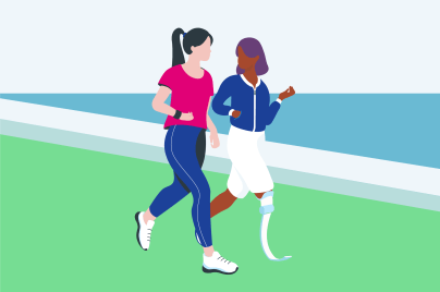 Illustration zweier Frauen, die miteinander laufen. Eine der beiden trägt eine Beinprothese.