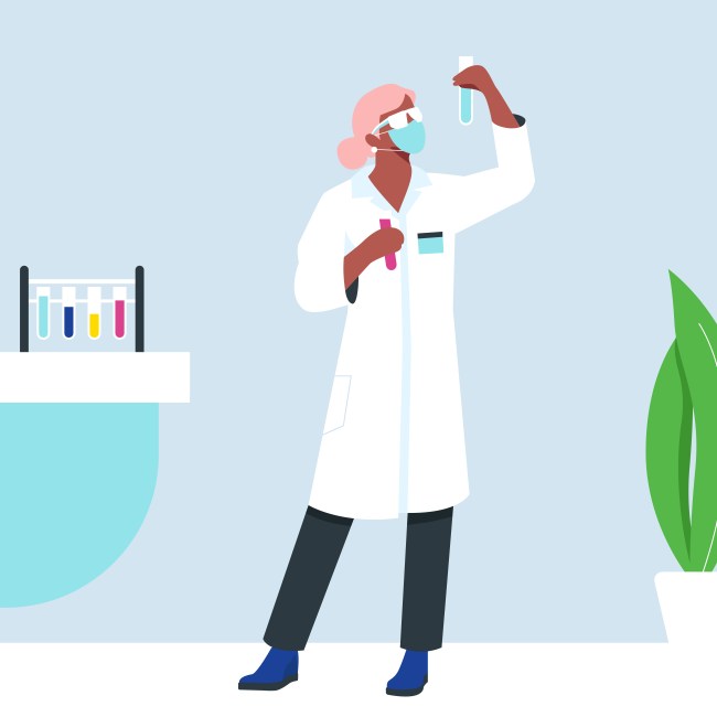 Organon Illustration einer Frau im Labor.