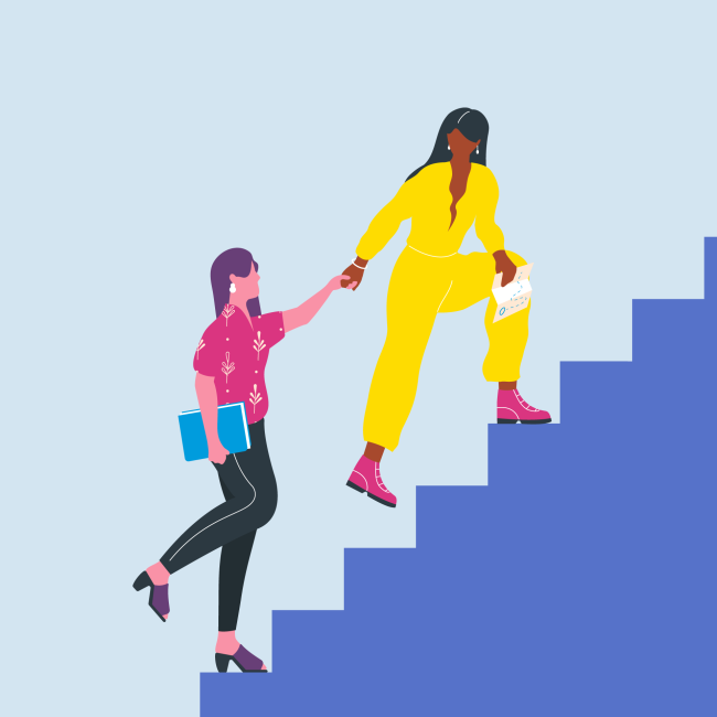 Organon Illustration zweier Menschen, die einander helfen, eine Treppe hinaufzugehen