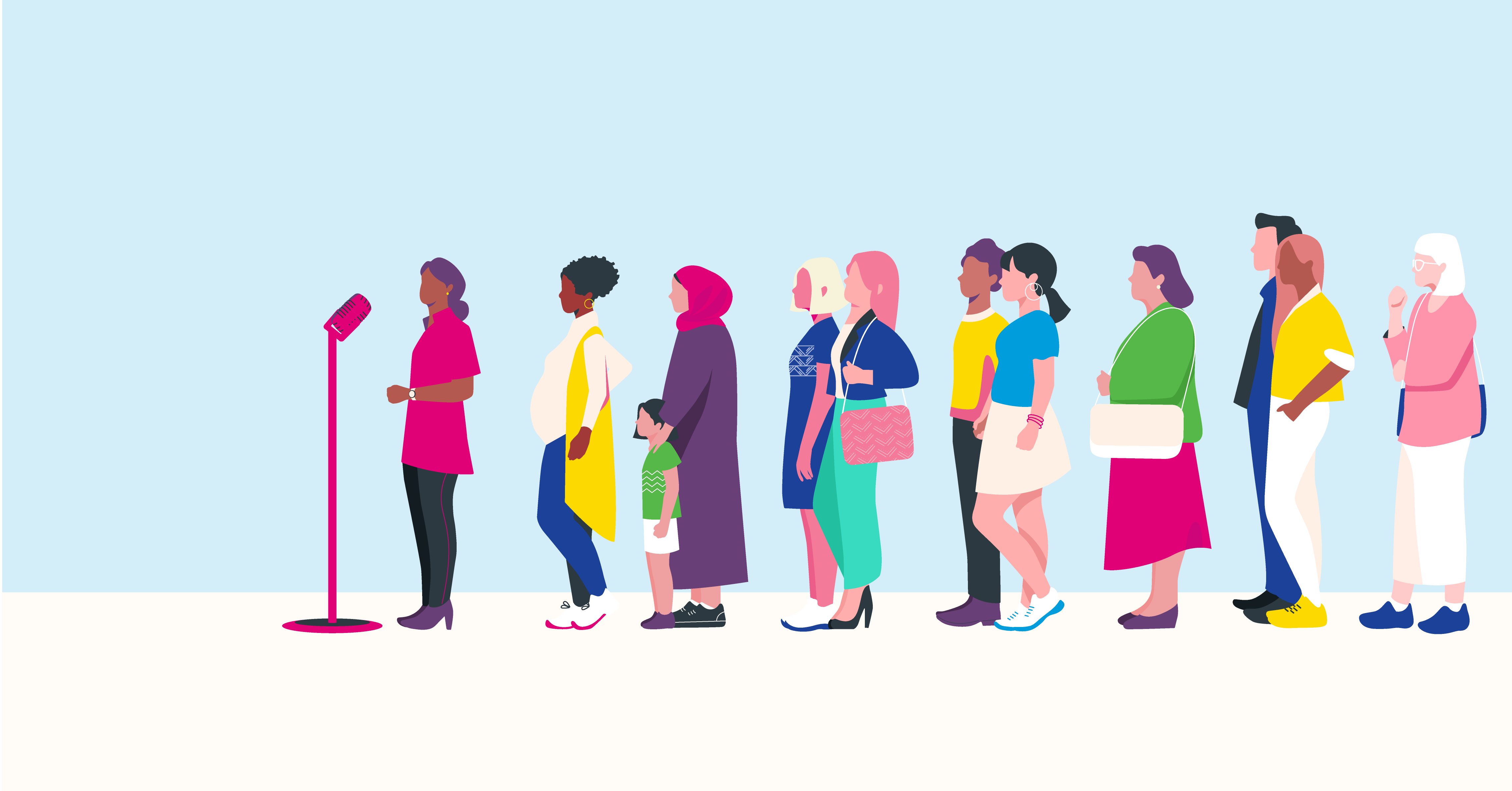 Organon Illustration einer Gruppe von Frauen, die hintereinander vor einem Mikrophon in der Schlange stehen