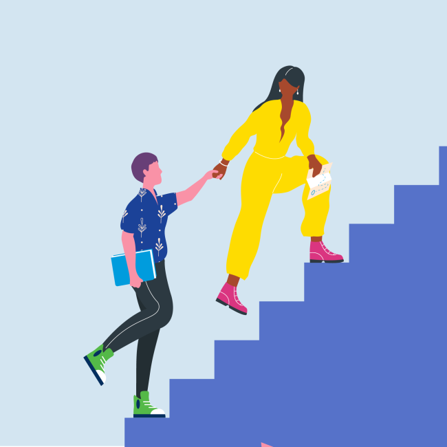 Organon Illustration zweier Menschen, die einander helfen, eine Treppe hinaufzugehen