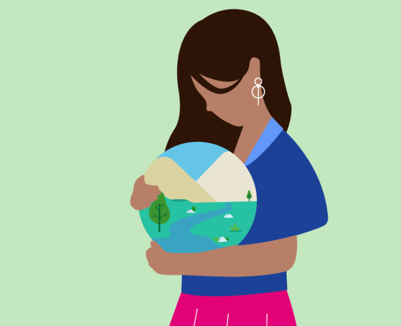 Illustration of woman cradling globe with scene of stream and mountains representing the environmental aspects of the ESG framework
