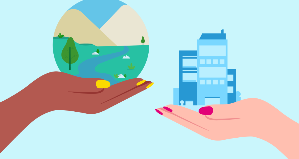 Illustration of one hand holding globe with scene of stream and mountains and a second hand holding a building representing ESG efforts at sustainability