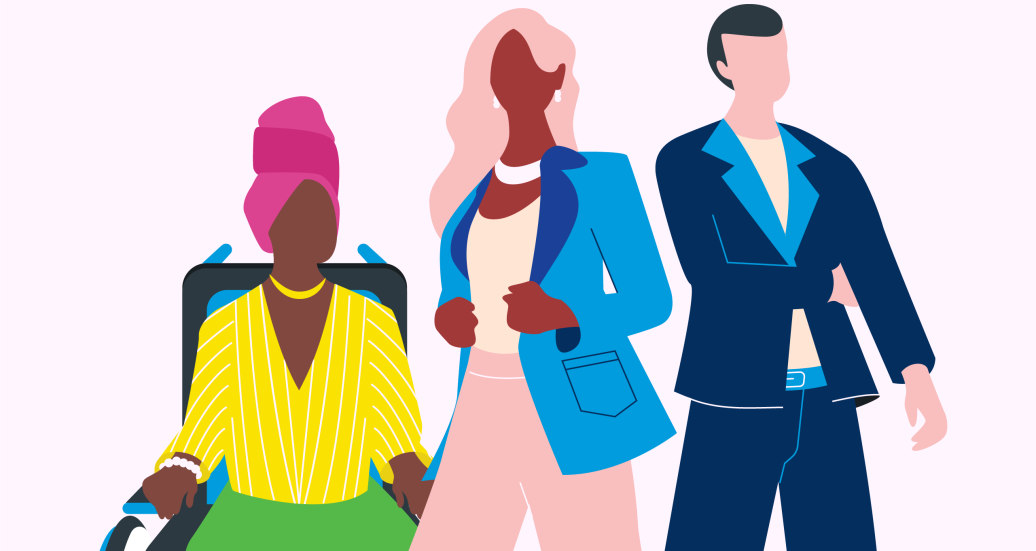 Illustration of woman in wheelchair, woman in business attire and man in business attire