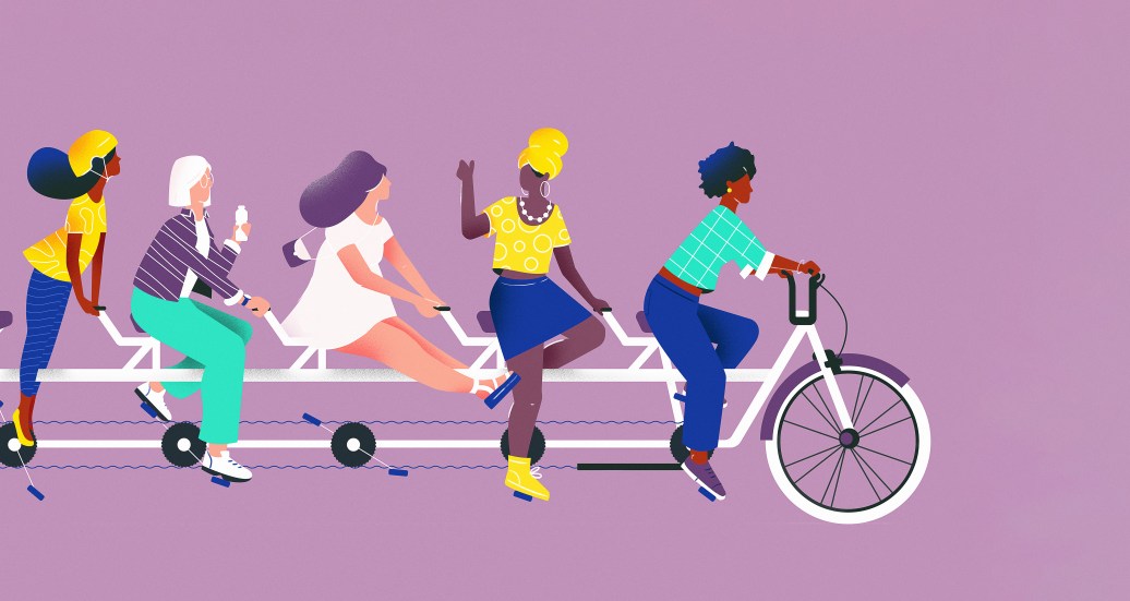 Illustration of five women riding a five seated tandem bike together