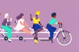 Illustration of 5 women riding a tandem bicycle.