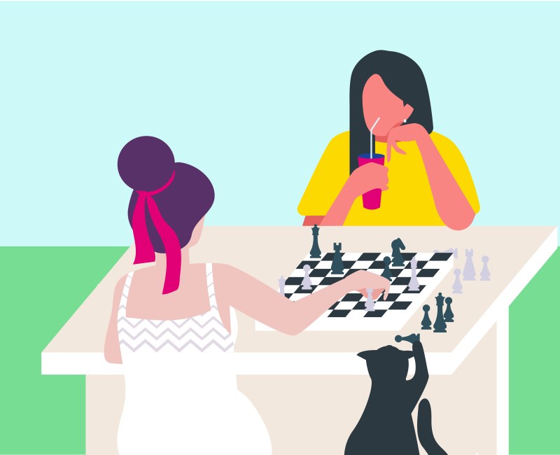 Illustration of two women playing chess with cat