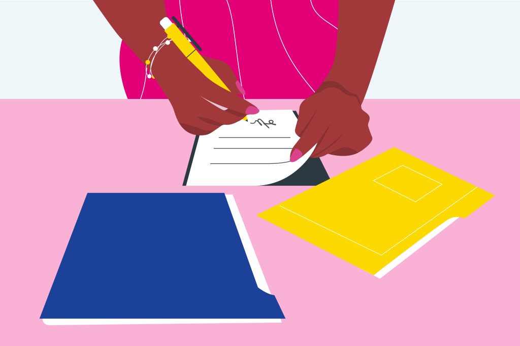 Illustrations of a woman signing policy documents