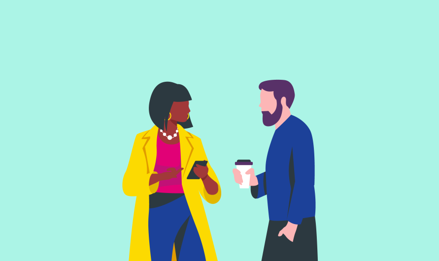 Illustration of two businesspeople, man and woman talking