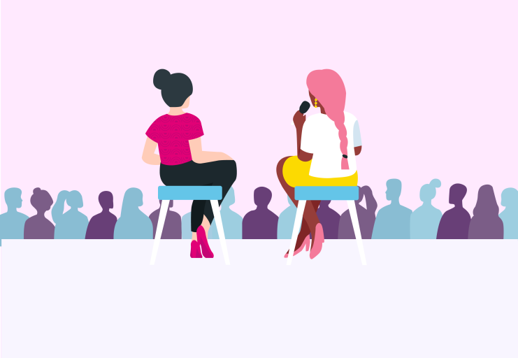 Illustration of two women sitting on stools on stage, one holding microphone, looking out over crowd.