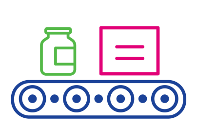 Icon of packaged products on conveyor belt representing established medicines