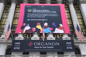 Image of Organon banner on New York Stock Exchange for International Women's Day