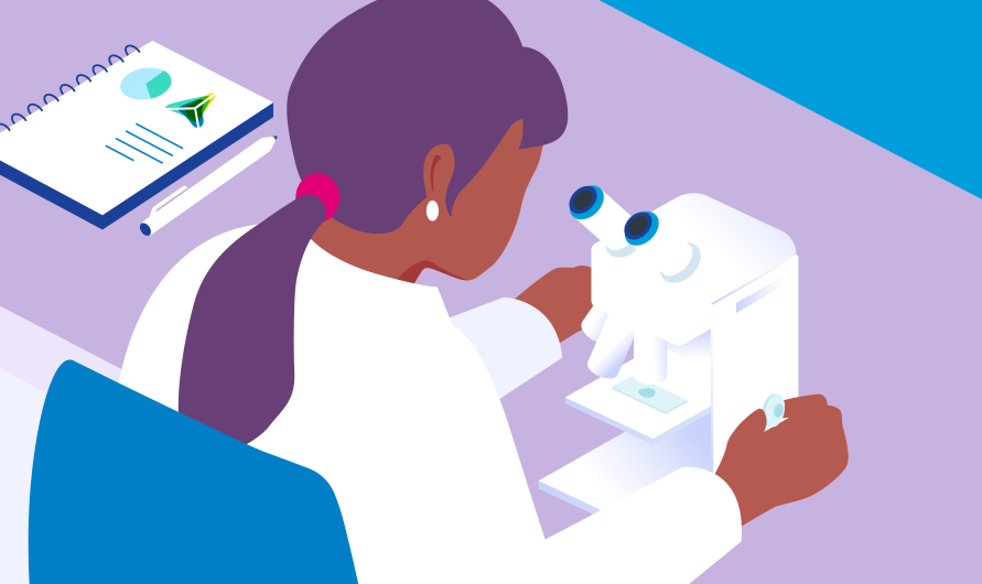 Illustration of woman scientist using microscope reflecting ESG investing in development