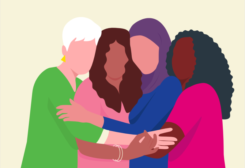 Illustration of four women embracing