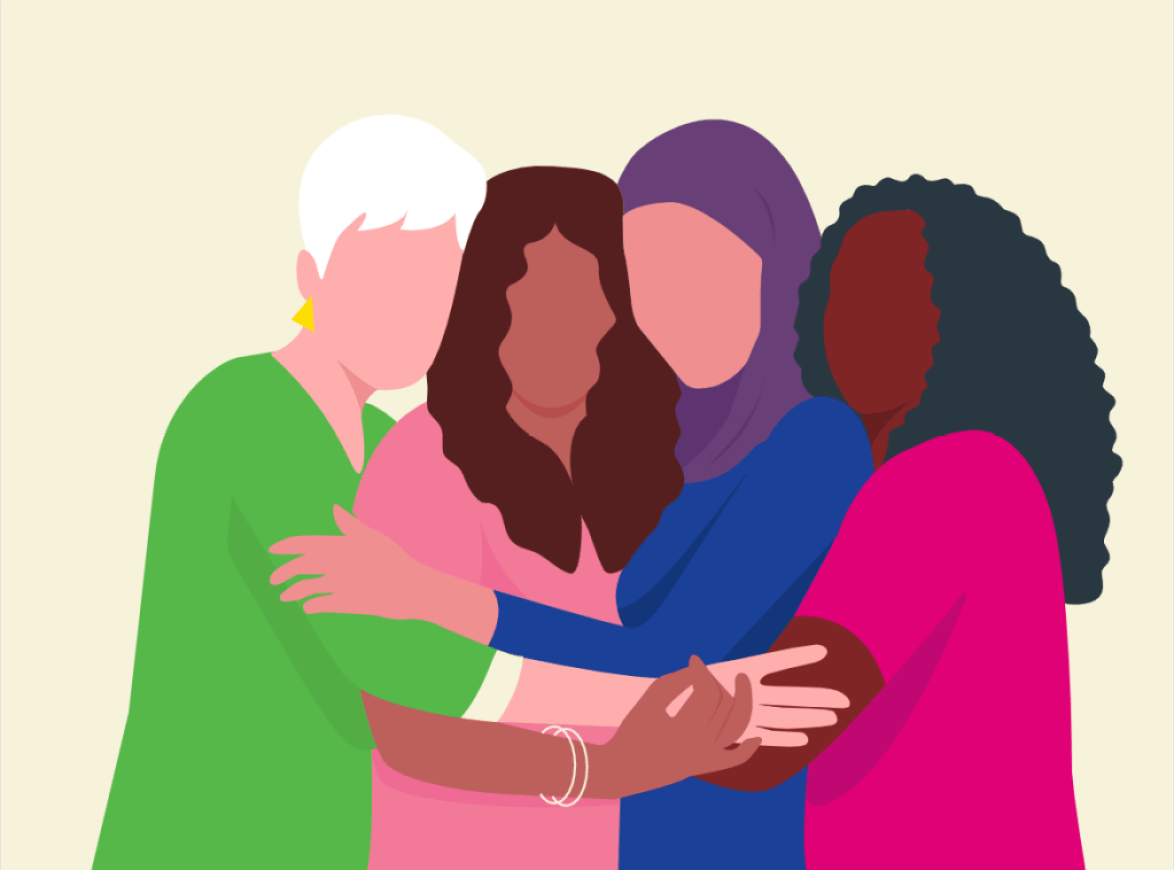 Illustration of four women embracing