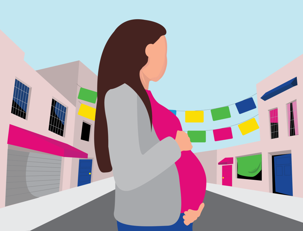 Illustration of pregnant woman in city street representing women's health