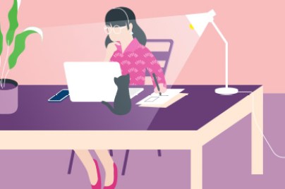 illustration of woman working at desk with laptop, lamp and cat
