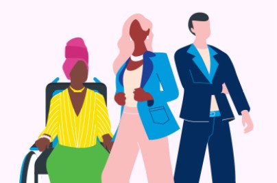 illustration of woman in wheelchair, woman in suit and man in suit