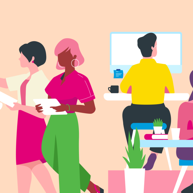 Illustration of group of coworkers in office working at computers and worktsations