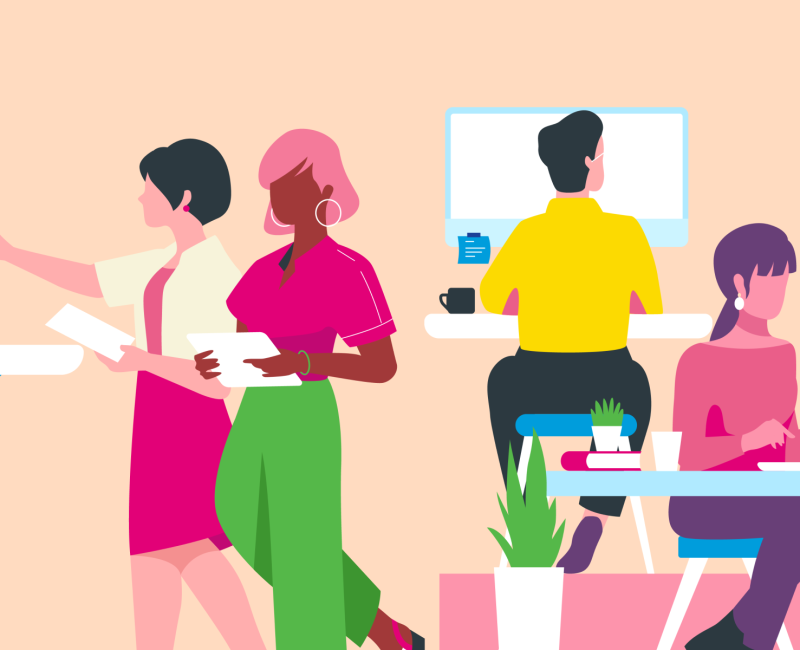 Illustration of group of coworkers in office working at computers and worktsations