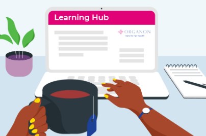 Illustration of individual's hands holding a mug of tea and browsing Learning Hub content on laptop.