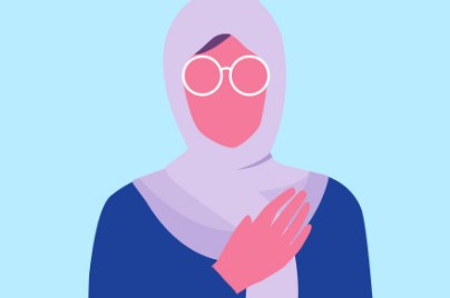 Illustration of woman in hijab and glasses with hand over heart