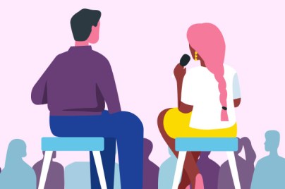 Illustration of two individuals, one man and one woman with microphone, sitting on stools looking out over crowd of people