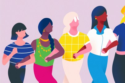 Illustration of diverse women linked arm in arm moving forward