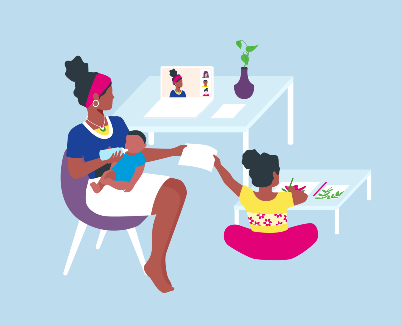 Illustration of woman with baby on lap and child on floor in home on laptop