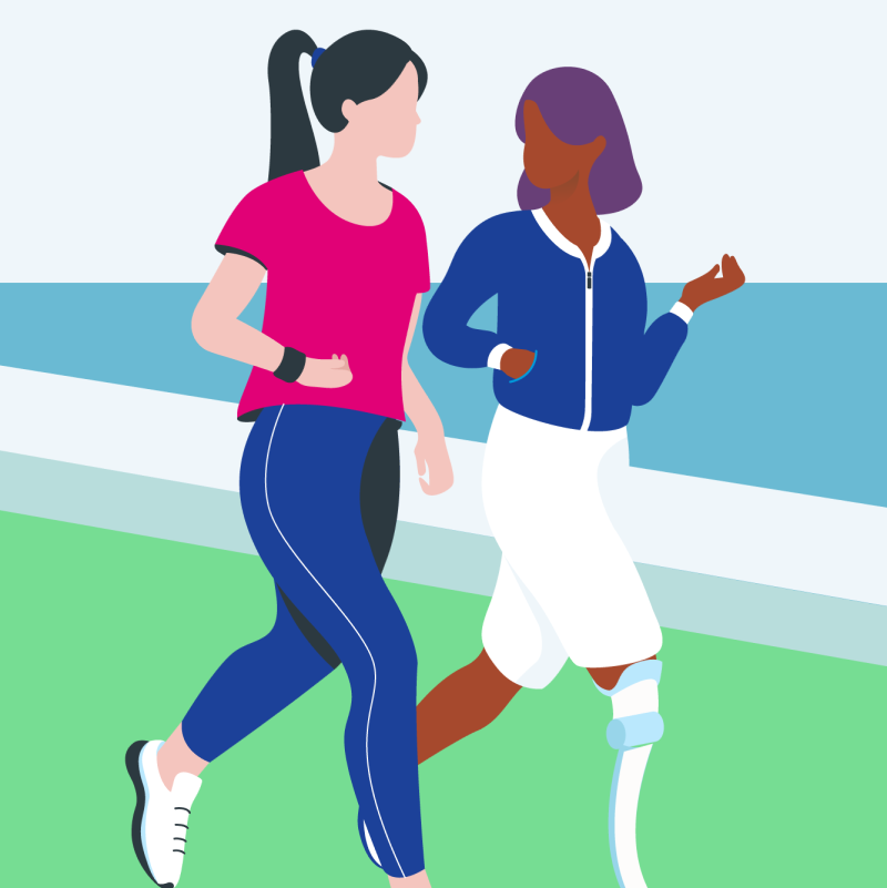 illustration of two women running. One woman has a prosthetic leg.