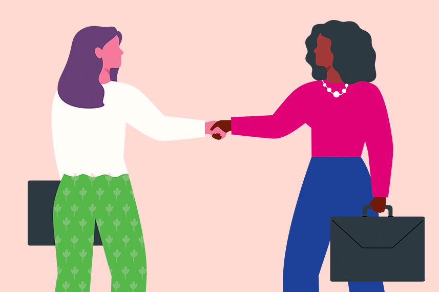 Illustration of two women holding briefcases shaking hands