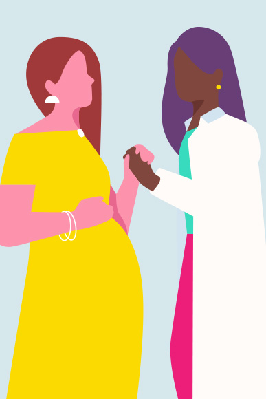 Illustration of pregnant patient holding hands with female doctor