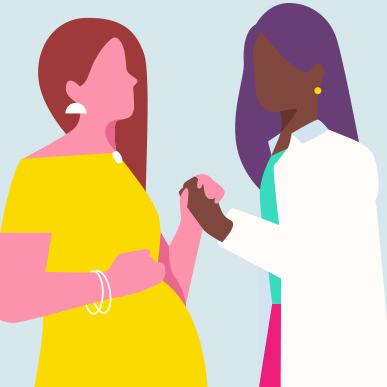 Illustration of pregnant patient holding female doctor's hand